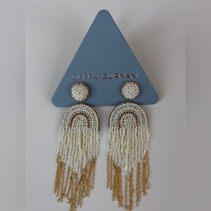 Deepa Gurnani Hand Beaaded White and Gold Beaded Fringe Statement Earrings